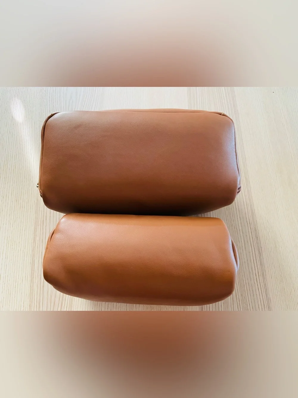Tan faux leather matching cosmetic bag/ case set, gold “C” emblem, excellent